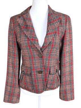 Caractere Plaid Blazer Wool Blend Red Black Tailored Patch Pockets (IT44/ US 8)